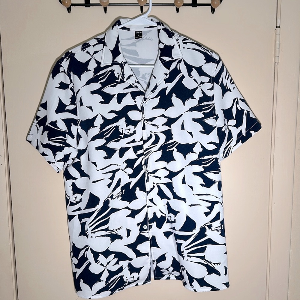 Dark Blue and White Floral Print Button Up